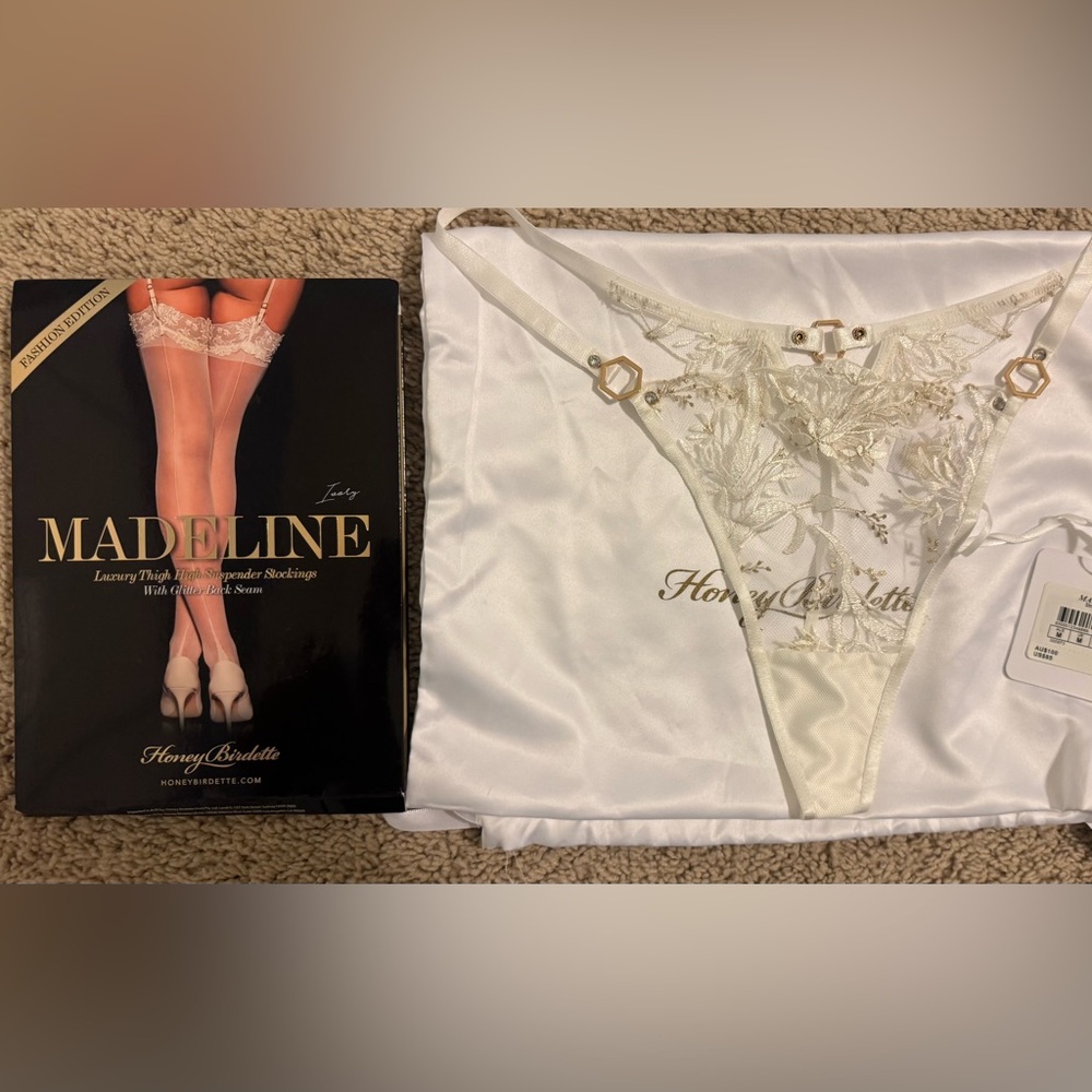 Honey Birdette Madeline Cream Lace Thong and Stockings
